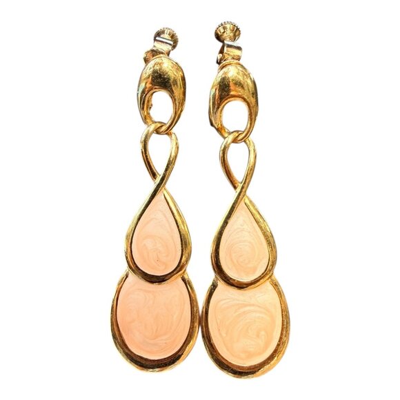 Napier Gold Tone Pink Swirl Enamel Teardrop Clip-On Earrings Vintage 1970s-80s - Picture 10 of 10